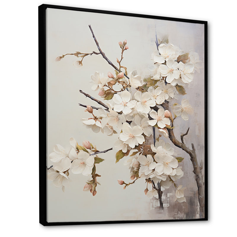 Fleur de pommier beige Senerity sur toile, Cadre flottant noir, H 44 po x l 34 po x P 1,5 po