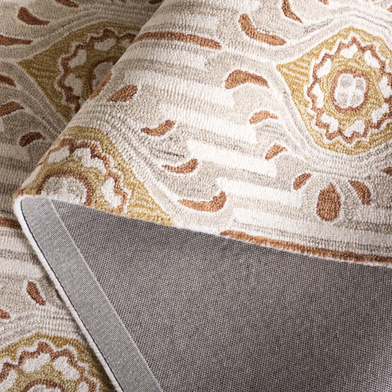 Pine 405 Hand Tufted Wool/Cotton Damask Rug in Beige/Gold, Rectangle 5' x 8'