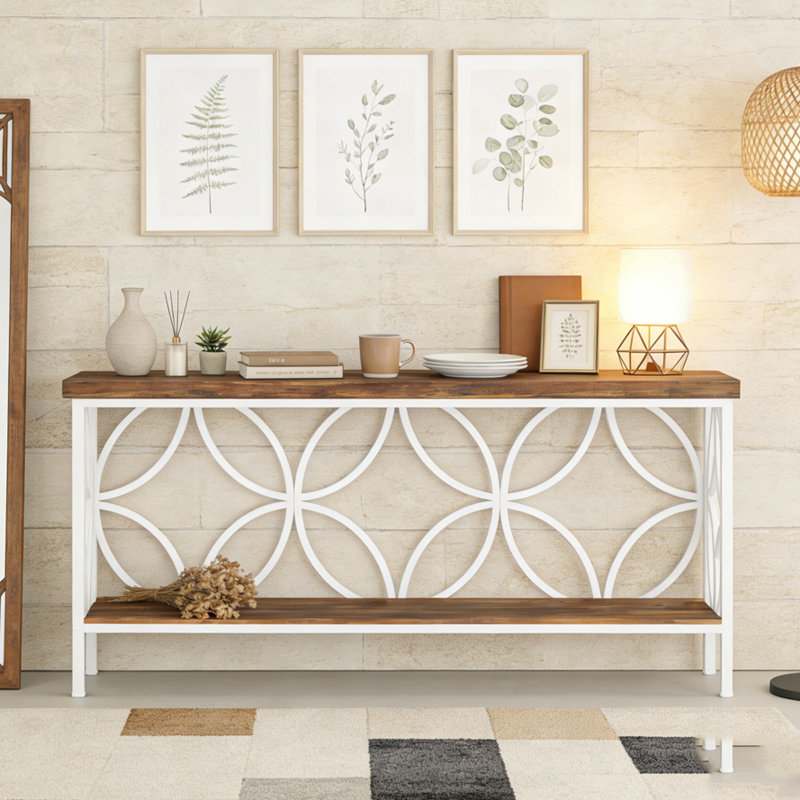 2-Tier Console Table Industrial Sofa Table Behind Couch, White & Brown
