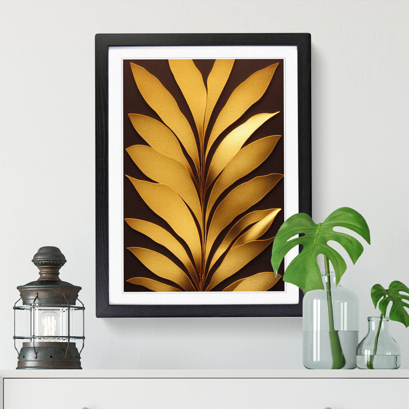 FRM-V0523-814X Floral Gold Leaf Foil - Single Picture Frame Print, 64cm H x 46cm W x 2cm D, Oak Framed