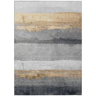 Tapis intérieur/extérieur lavable à rayures dorées et grises de 2,44 m x 3,05 m