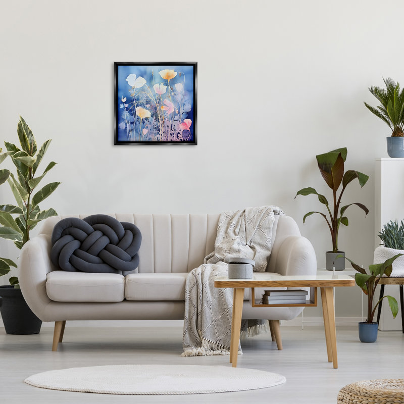 «Tranquil Blue Florals Floater Frame» sur, Cadre flottant noir de jais, H 25 po x l 25 po