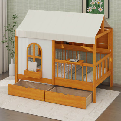Lit Montessori en bois pour enfant de 2 places avec structure en bois, tente et table de chargement intégrée, lit cabane avec barrières de sécurité ultra-hautes et 2 grands tiroirs, tablette latérale avec bande DEL