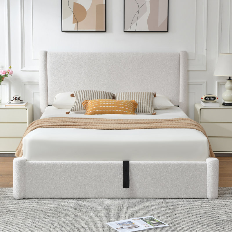 Braya Luxury Boucle Hydraulic Lift Up Storage Upholstered Platform Bed With Rounded Bolster Design,White,Queen, Boucle White