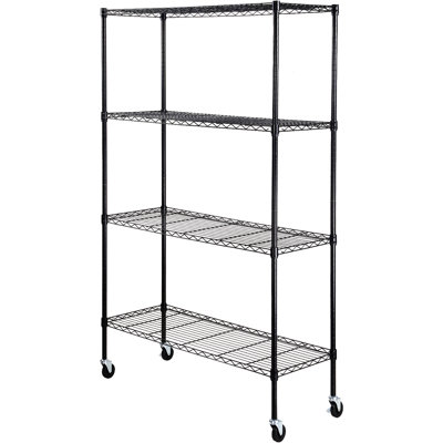 Étagère de rangement avec capacité de 700 lb, 4 roues réglables et support en métal noir pour la salle de bain de garage, roues robustes, garde-manger