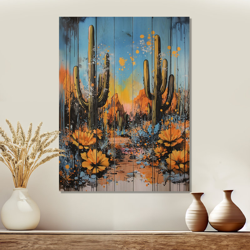 Paysage abstrait de cactus mexicains I - impression traditionnelle sur bois jaune sur bois de pin naturel, H 40 po x l 30 po