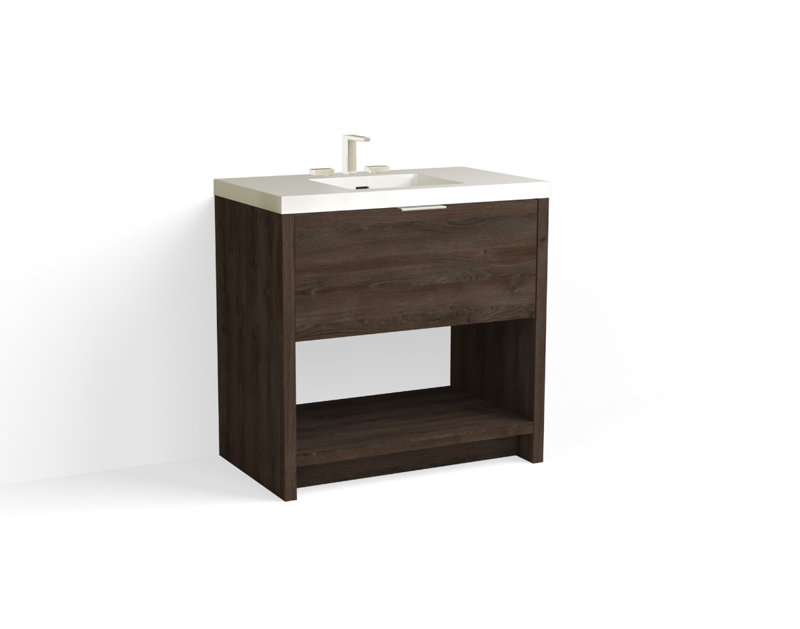 Vista 36" W Freestanding Single Bathroom Vanity, White Gloss, White Nanomatte/Satin Brass, 8" Widespread