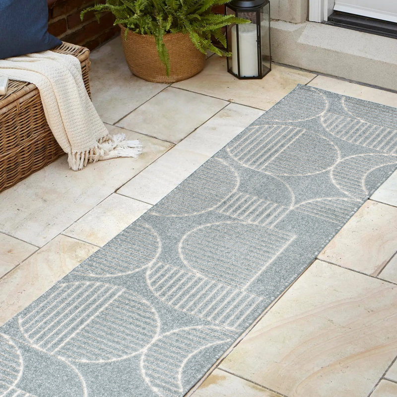 Anaelisa High-Low Geometric Arch Scandi Striped Light Blue/Cream Indoor/Outdoor Rug, Runner 2' x 8'