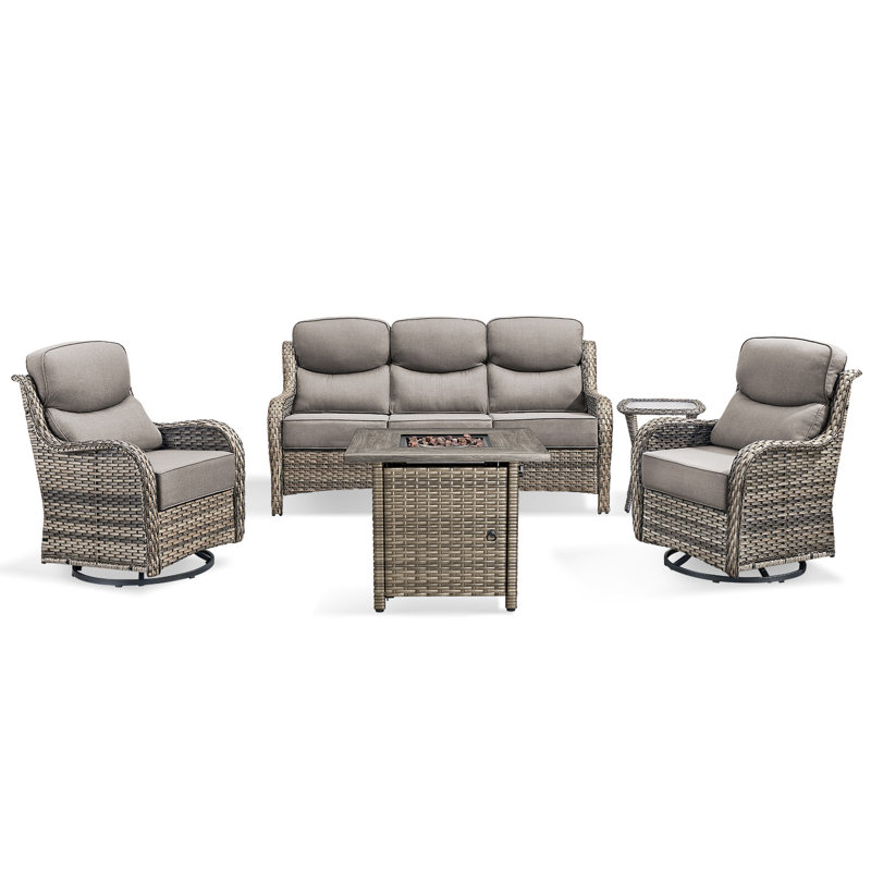 Patio Resin Wicker Furniture Set With Fire Pit Table, PE Rattan Swivel Patio Chairs With Propane Fire Pit Table, Brown Wicker 5Pcs Patio Conversation Set