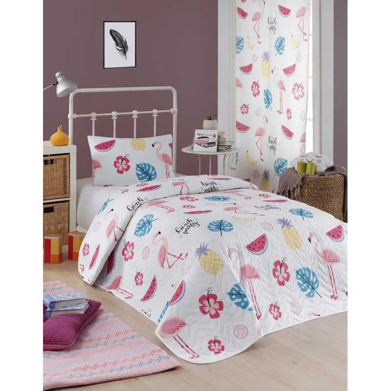 Elegant Single Quilted Bedspread Set, White & Pink & Blue & Yellow, 63.0 x 86.6 inches | 65% Cotton / 35% Polyester Cover, 100% Fiber Filling, Machine Washable, Pillowcase with Envelope Closure, Soft & Cozy Design