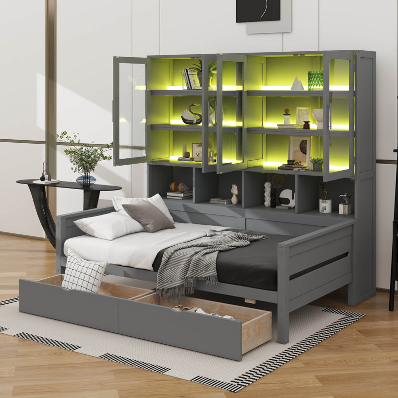 Wooden  Daybed, Boasts Glass-Fronted Storage Units, LED Lighting, Grey, Twin