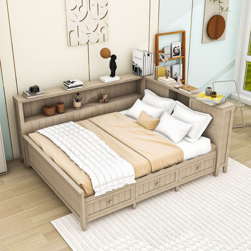 Lit de jour en bois avec 3 tiroirs et tablettes de rangement, Lit double