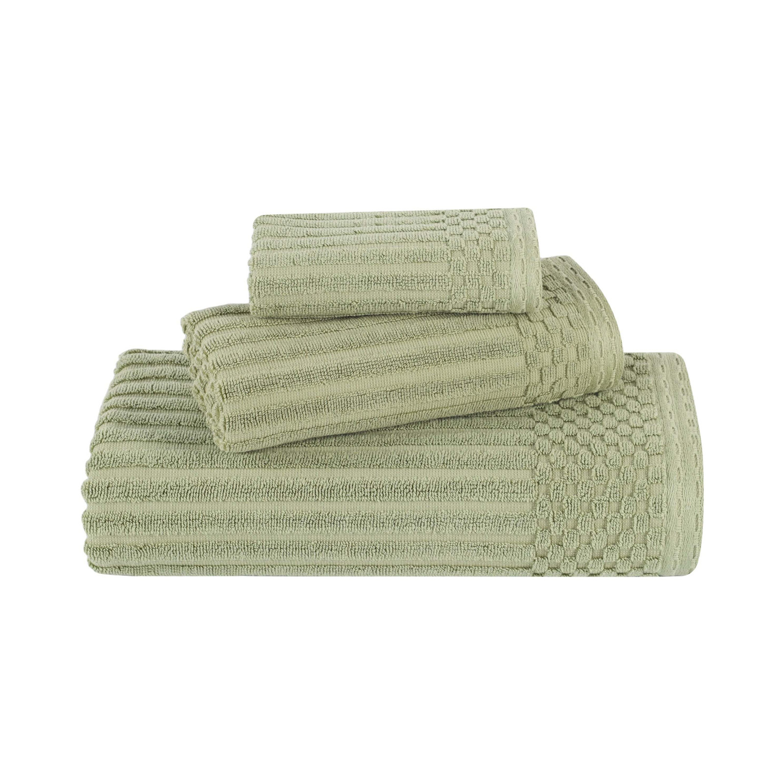 8-Piece Checkered Border Cotton Towel Set, Sage Green, 3 Piece Towel set (1-bath, 1-hand, 1-face)