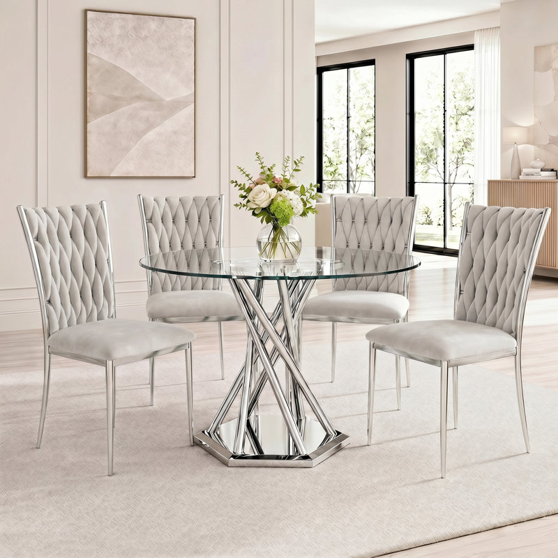 47.2" Modern Round Glass Dining Table, Tempered Glass Table with Gloss Stainless Legs, 29.53"H x 47.2"L x 47.2"W, Silver