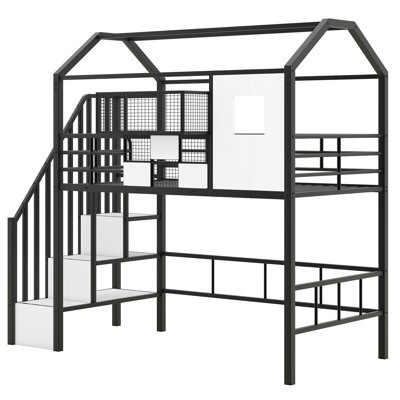 Lit mezzanine en métal avec toit et boîte de rangement, simple