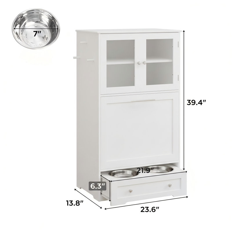 Armoire de rangement pour la mangeoire pour animaux, avec bols surélevés pour chiens, fini en blanc