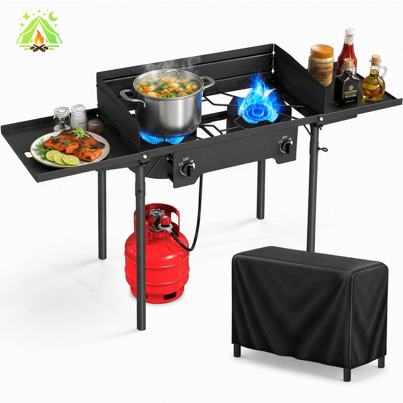 Réchaud de camping extérieur avec pare-brise et table d'appoint, Avec table d'appoint