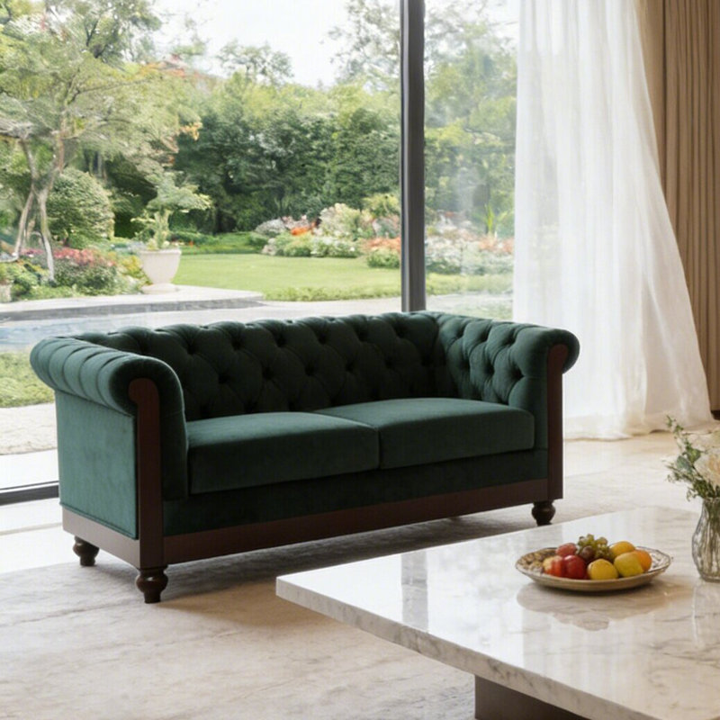 Canapé Chesterfield 2 places rembourré en velours, Vert foncé