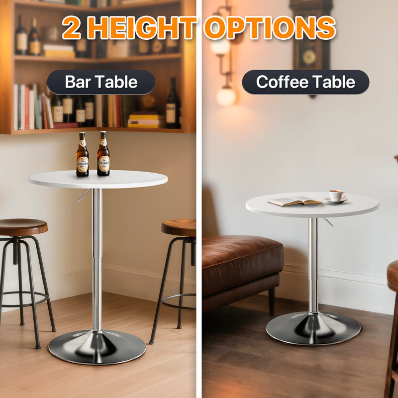 Bistro Pub Table Round Adjustable Height Bar Cocktail Table Swivel Dining Table with Chrome Base, White