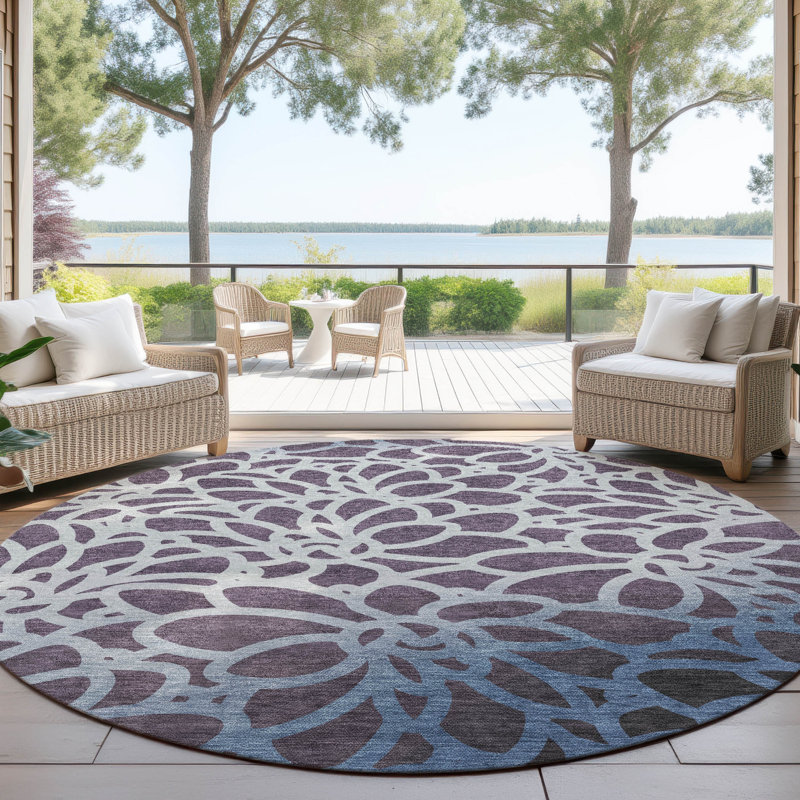 Machine Washable Indoor/Outdoor Chantille ACN2412 Botanical Rug, Round 8'