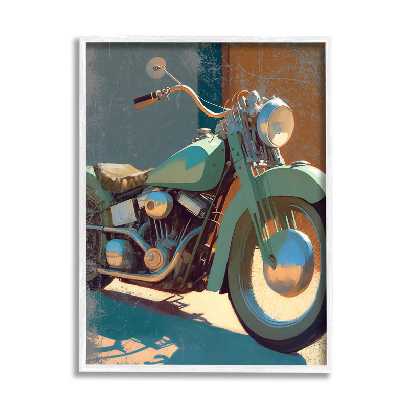 Motocyclette rustique verte encadrée sur bois, H 20 po x l 16 po x P 1,5 po, Giclée encadrée blanc bord de mer