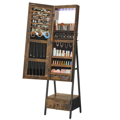Armoire à bijoux avec miroir et tiroir inférieur pour femme - grand rangement, lumières de miroir intégrées, rangement supplémentaire à l'extérieur - idéal pour le maquillage du visage - P 14,6 po x l 16,3 po x H 61,8 po