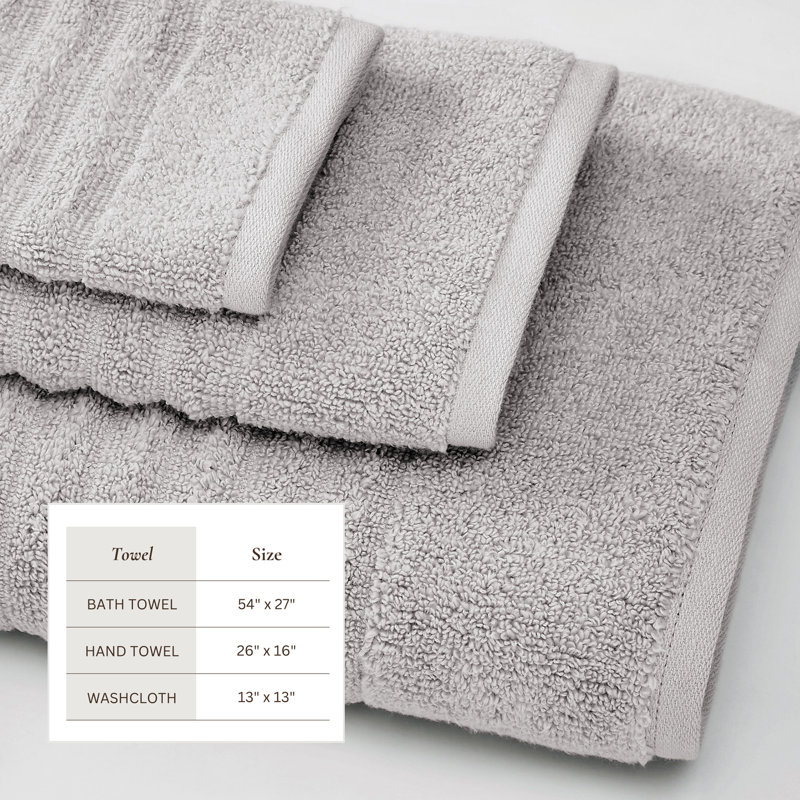 100% Zero-Twist Cotton Ribbed Bath Towels , 6 Piece Towel Set, Soft Gray