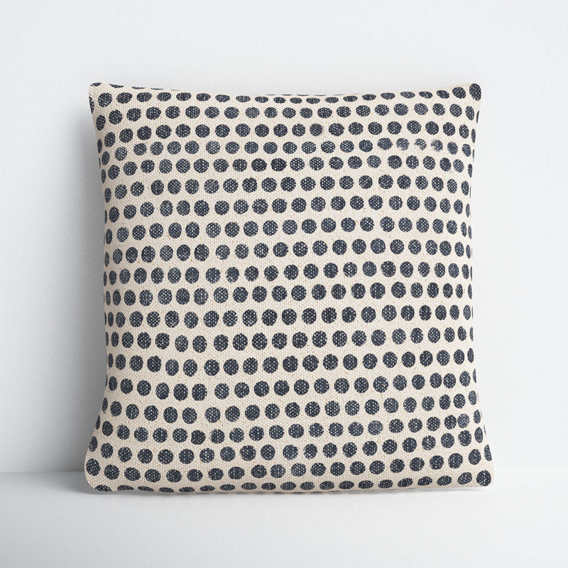 Zetta Polka Dots Cotton Throw Pillow, Square 18", Light Beige/Dark Blue, Polyester/Polyfill