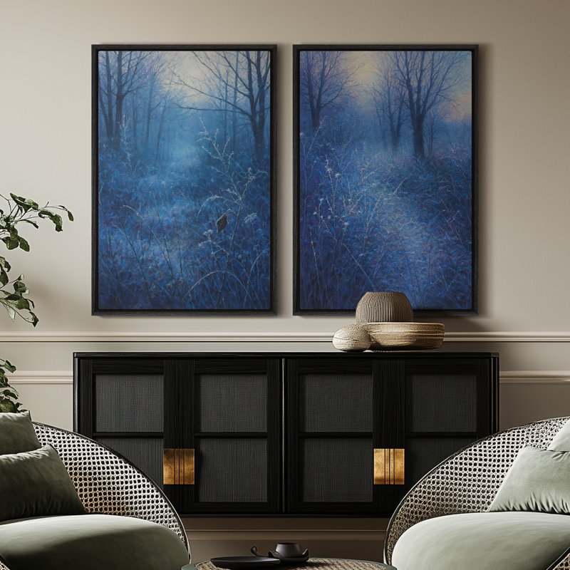 Art mural sur toile encadrée - "Blue Misty Forest Landscape", impressions murales pour chambre à coucher, Noir