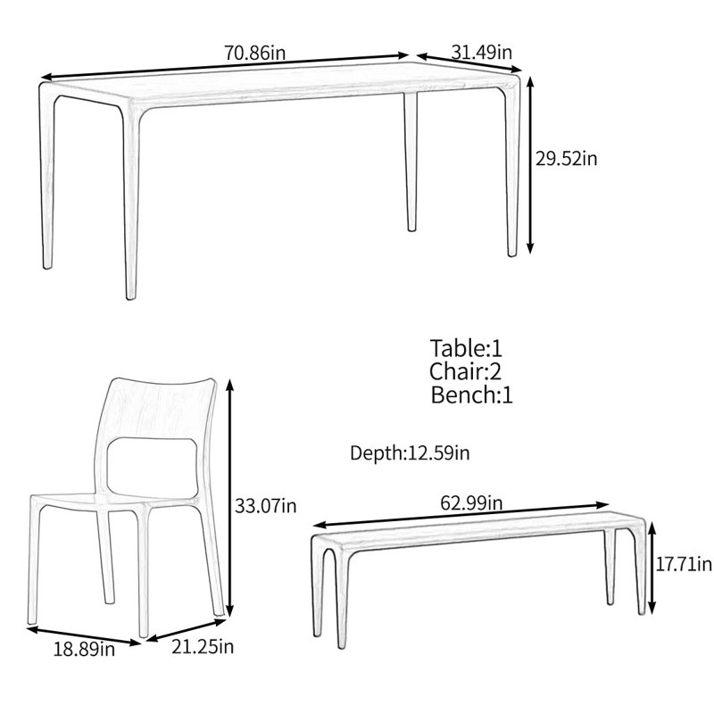 All solid wood multifunctional table set, 29.52"H x 70.86"L x 31.49"W