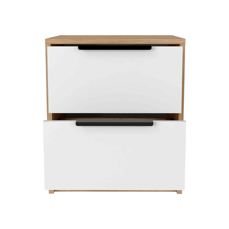 Table de chevet, deux tiroirs, poignée en métal, finition blanc / pin
