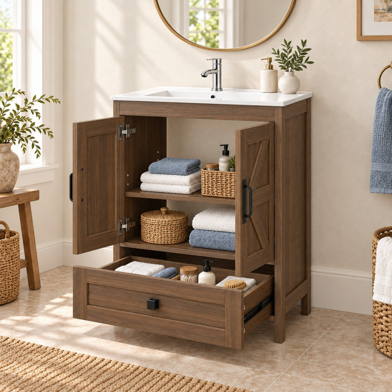Ensemble de vanité de 61 cm (24 po) avec lavabo encastré et robinet, espace de rangement dissimulé - Brun, Brun, 24"