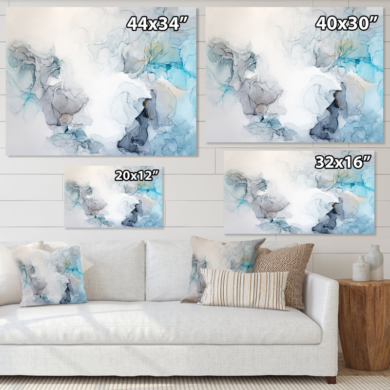 Vagues de marbre grises et bleues - art mural moderne sur toile, H 16 po x l 32 po x P 1 po, Toile avec cadre flottant noir
