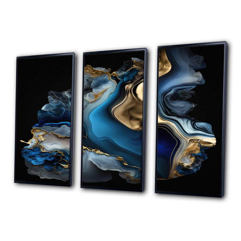 «Abstract Geode Marble Blue II», reproduction sur toile flottante 3 pièces, Noir, H 28 po x l 36 po x P 1 po