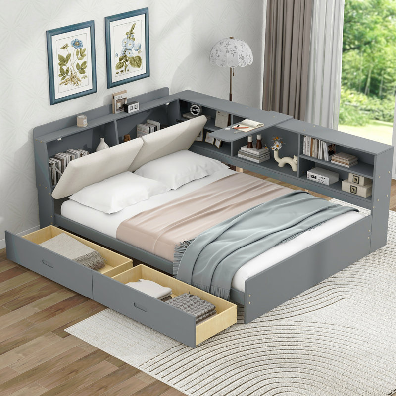 Lit plateforme en bois avec tête de lit avec rangement, tablettes et 2 tiroirs, Gris, Complet/Double
