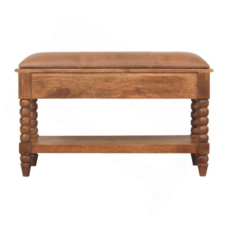 Banc en bois et en cuir, 2 tiroirs, 1 tablette