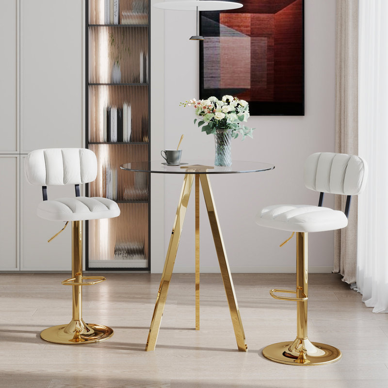 Ensemble de bar moderne, table en verre de 31,5 po + 2/4 tabourets en polyuréthane pour îlot de cuisine, Or/beige, 4