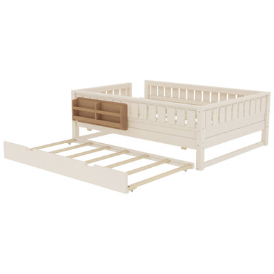 Double avec bibliothèque intégrée et petit escalier, rails de sécurité de haute qualité et lit gigogne, beige