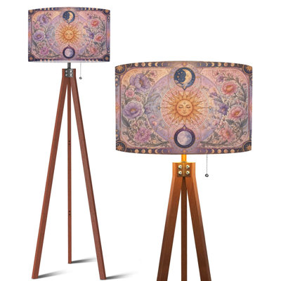 Tripod Standing Lamp Scenic Spring Village Cherry Blossoms River Mountain View Remote Controlled Dimmable LED Floor Lamp with Beech Wood Legs & Detachable Linen Shade for Farmhouse Apartment Living Room and Bedroom