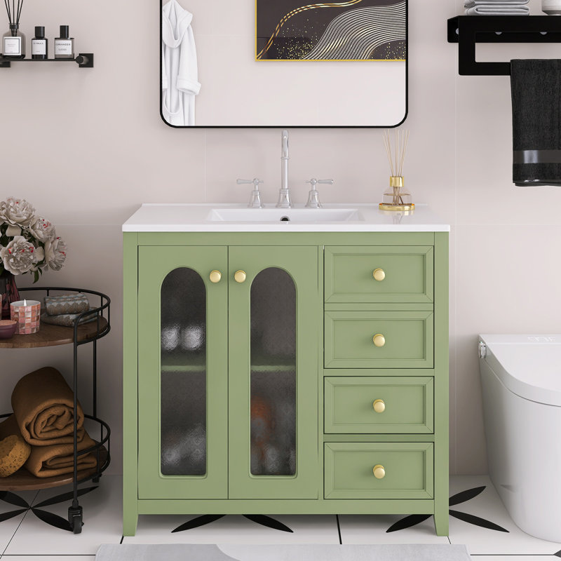 Meuble-lavabo autoportant de 36 po de couleur verte avec lavabo en céramique et deux portes à fermeture douce, tablettes réglables et trois tiroirs