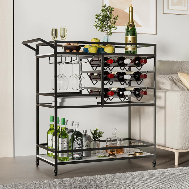 36"H Mirvjena 3 Tier Metal Bar Cart with Wine Rack for Kitchen Living Room Party, Stylish Black