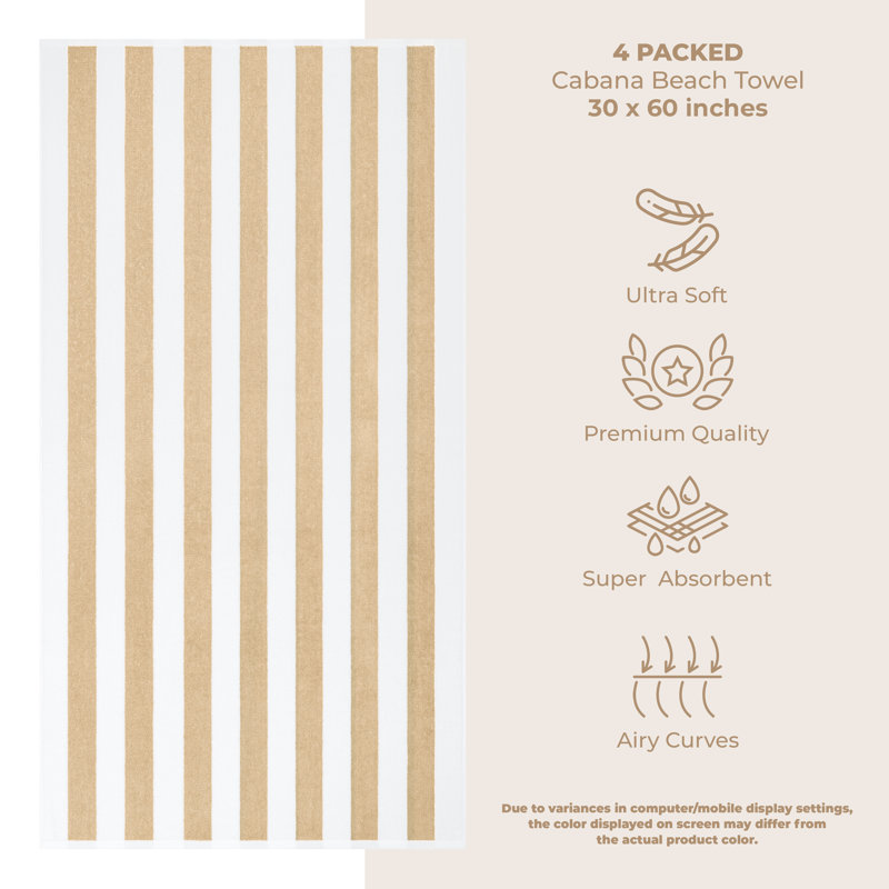 Devontia Cabana Striped Beach Towels, 30x60 inch 4 Piece Oversize Pool Towels, Beige