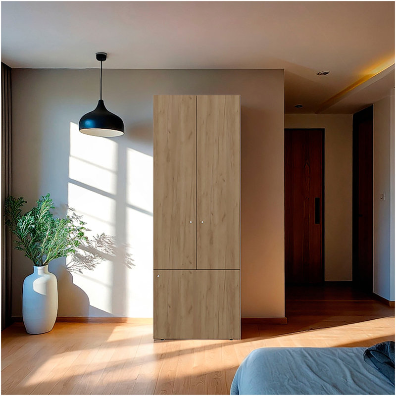 Armoire-penderie 3 portes en chêne naturel avec 4 tablettes, Naturel