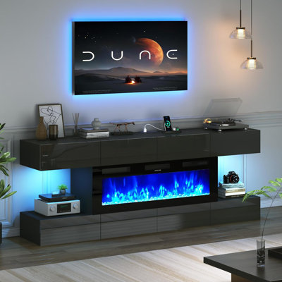 82'' Fireplace TV Stand With Power Outlet, Large Media Console With 50" Fireplace, LED Modern High Gloss Entertainment Center With 8 Handleless Storage Drawers