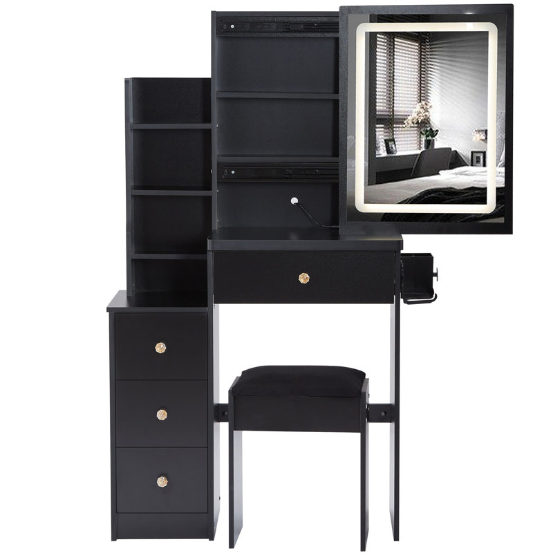 Petite coiffeuse 29,2 po avec tabouret de chevet gauche + tabouret rembourré, 2 blocs d'alimentation CA + 2 ports USB, support pour sèche-cheveux, très grand miroir à DEL coulissant à contrôle tactile, changement de couleur tricolore, réglage de la luminosité