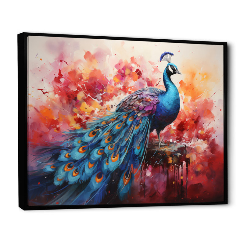 Acrylique multicolore sur toile rouge, représentation d'un paon rouge, H 12 po x l 20 po x P 1 po, Cadre flottant noir