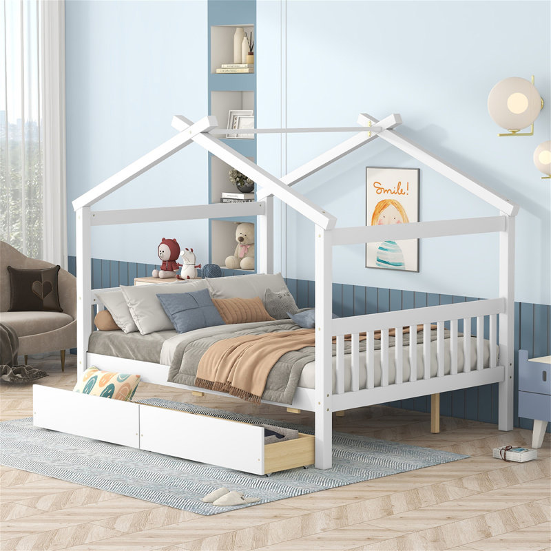 Lit maison en bois avec tiroirs, naturel, Blanc, Double
