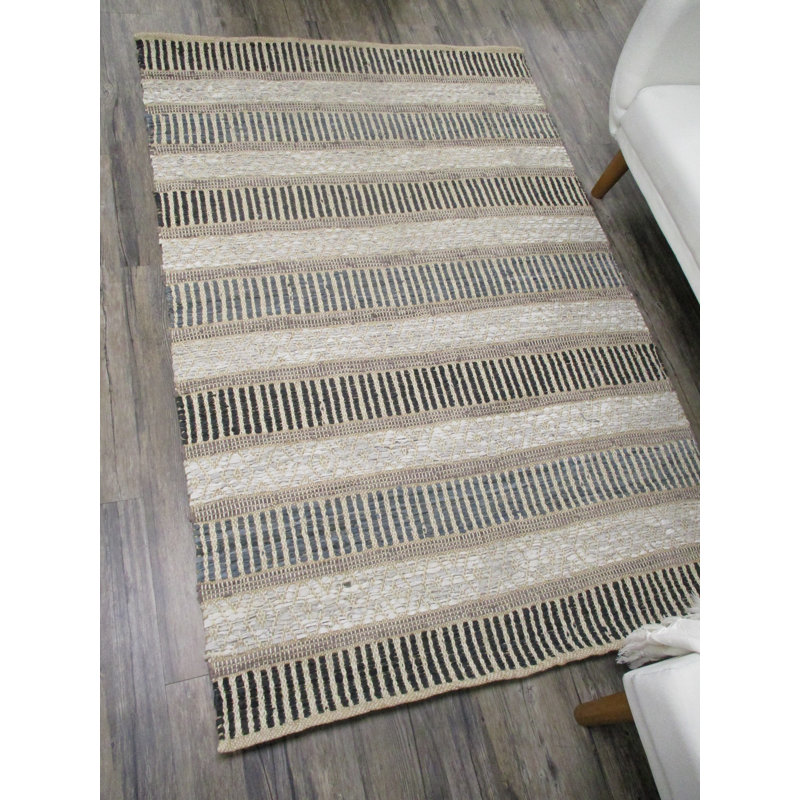 Tapis rayé noir / gris tissé à plat à la main Perley, Rectangle 5 pi x 8 pi