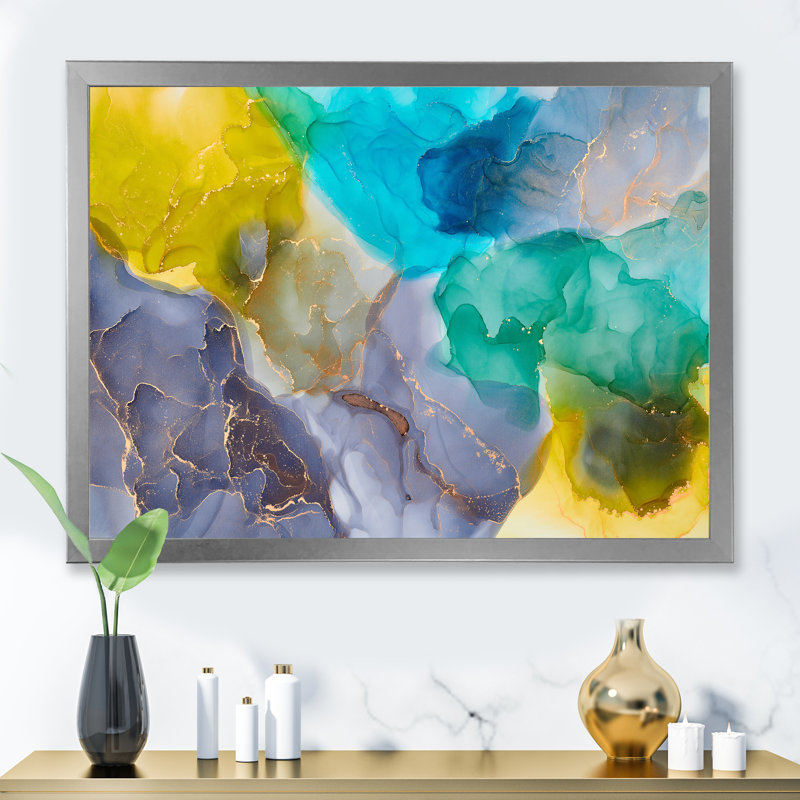 Turquoise et jaune luxe abstrait fluide - peinture sur toile, H 12 po x l 20 po x P 1 po, Cadre photo argenté