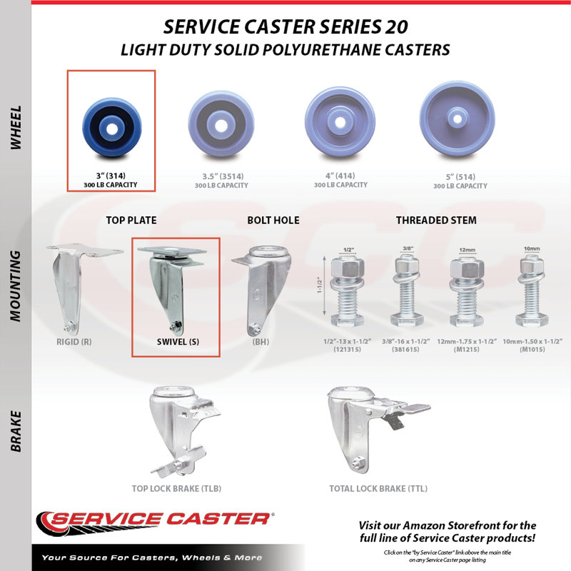4 Piece Polyurethane Caster Set with 2 Rigid